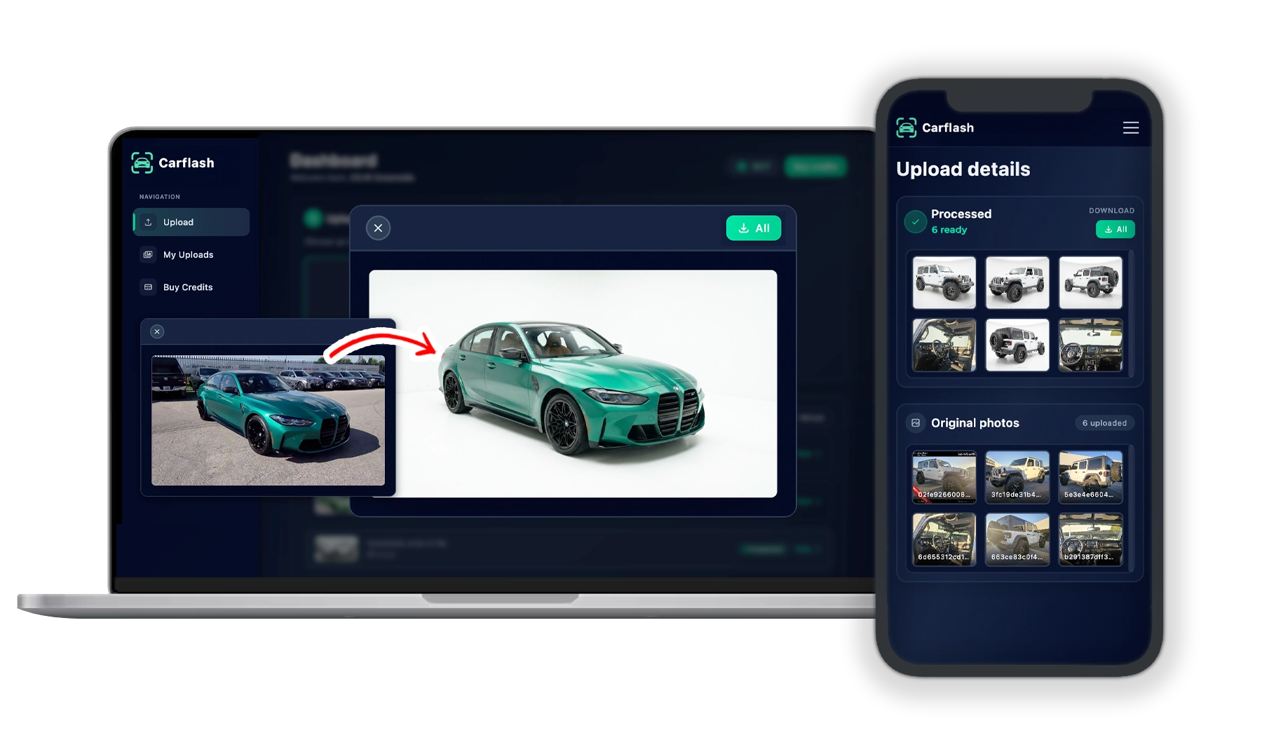 Carflash interface on desktop and mobile